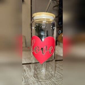 Hand Crafted Red Heart 'Love' Glass Tumbler With Bamboo Lid